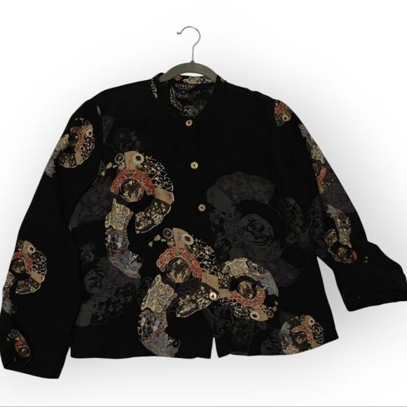 Citron Santa Monica 100% Silk Black Oriental Patterned Blouse Sz XL - Picture 2 of 10
